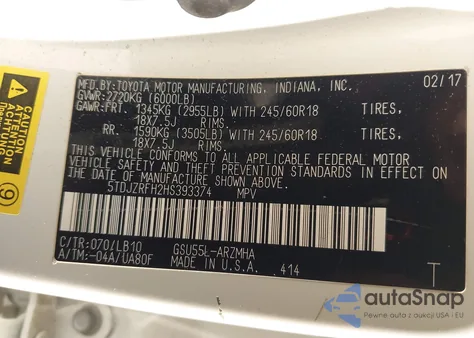 2017 Toyota Highlander Xle из США, поврежденный, VIN 5TDJZRFH2HS393374